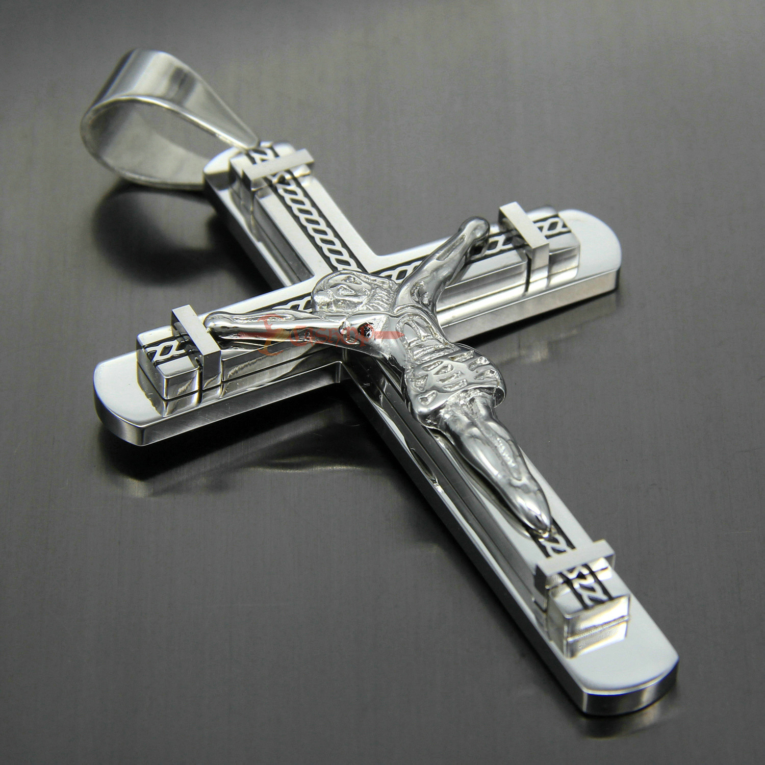 Heavy Catholic Jesus Christ INRI Cross Crucifix Stainless Steel Necklace Pendant