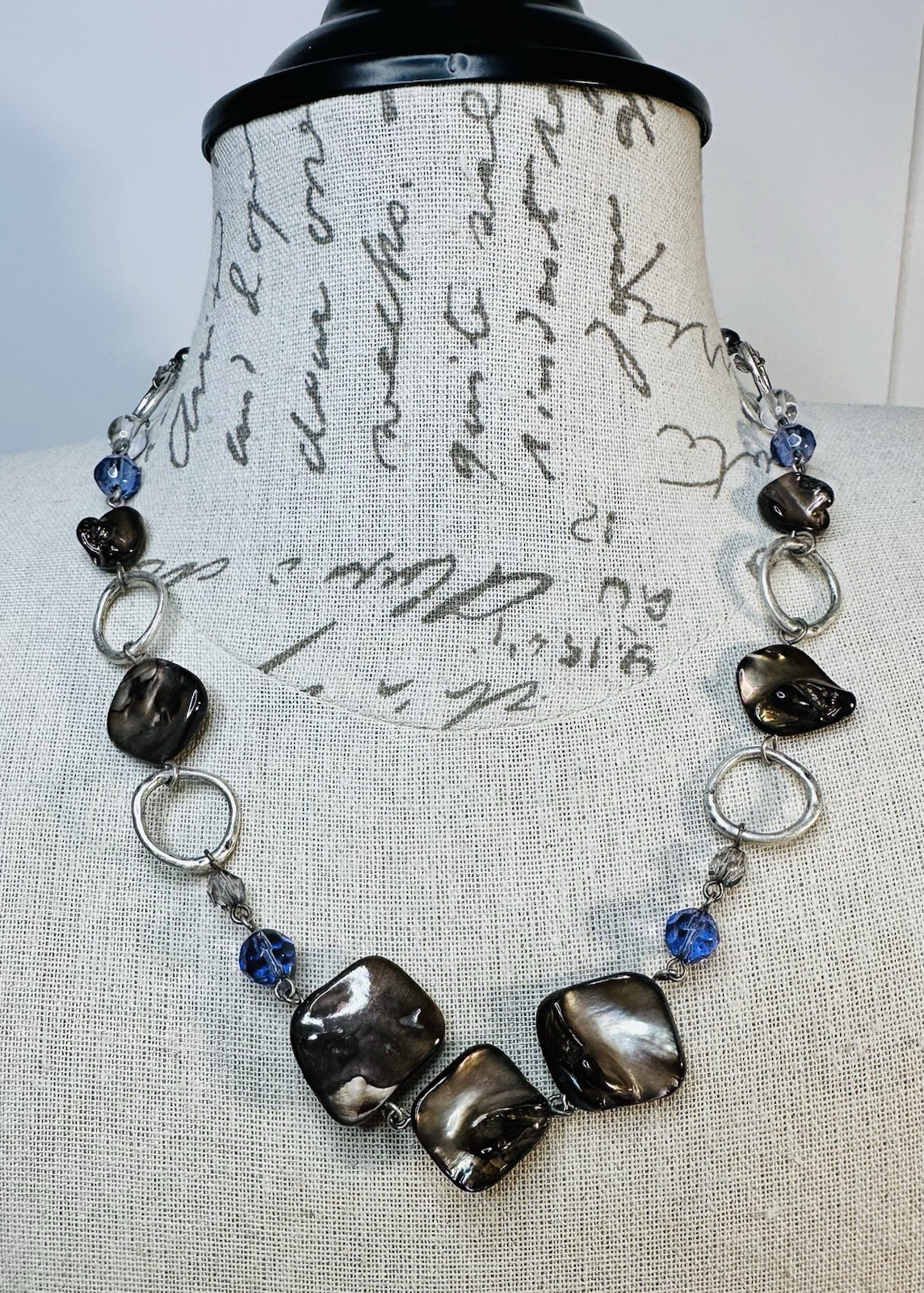 Lia Sophia Indigo Statement Necklace Brown Abalone Shell Blue Glass Beads Silver