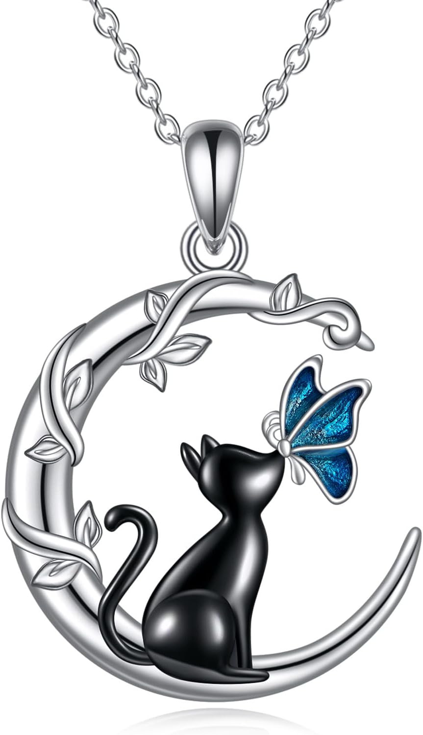 Cat Butterfly Crescent Moon Necklace 925 Sterling Silver Gifts for Wife Mom Wmen
