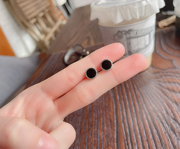Women 925 Sterling Silver Black Enamel Round Stud Post Earrings 6mm Gift I84