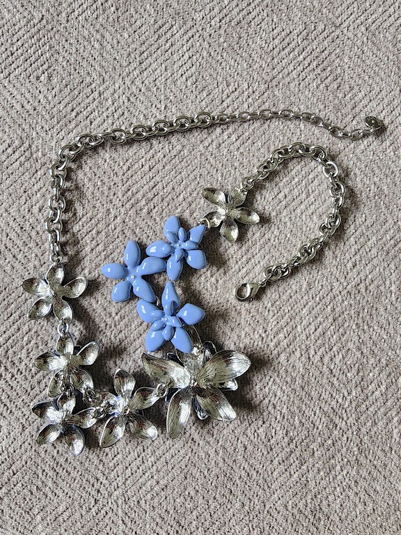 Talbots Light Blue Flower Design silvertone bib necklace and bracelet set.