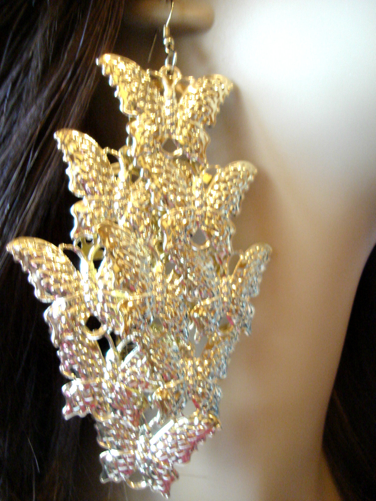 BUTTERFLY EARRINGS DANGLE EARRINGS 5 IN L SILVER OR GOLD TONE EARRINGS