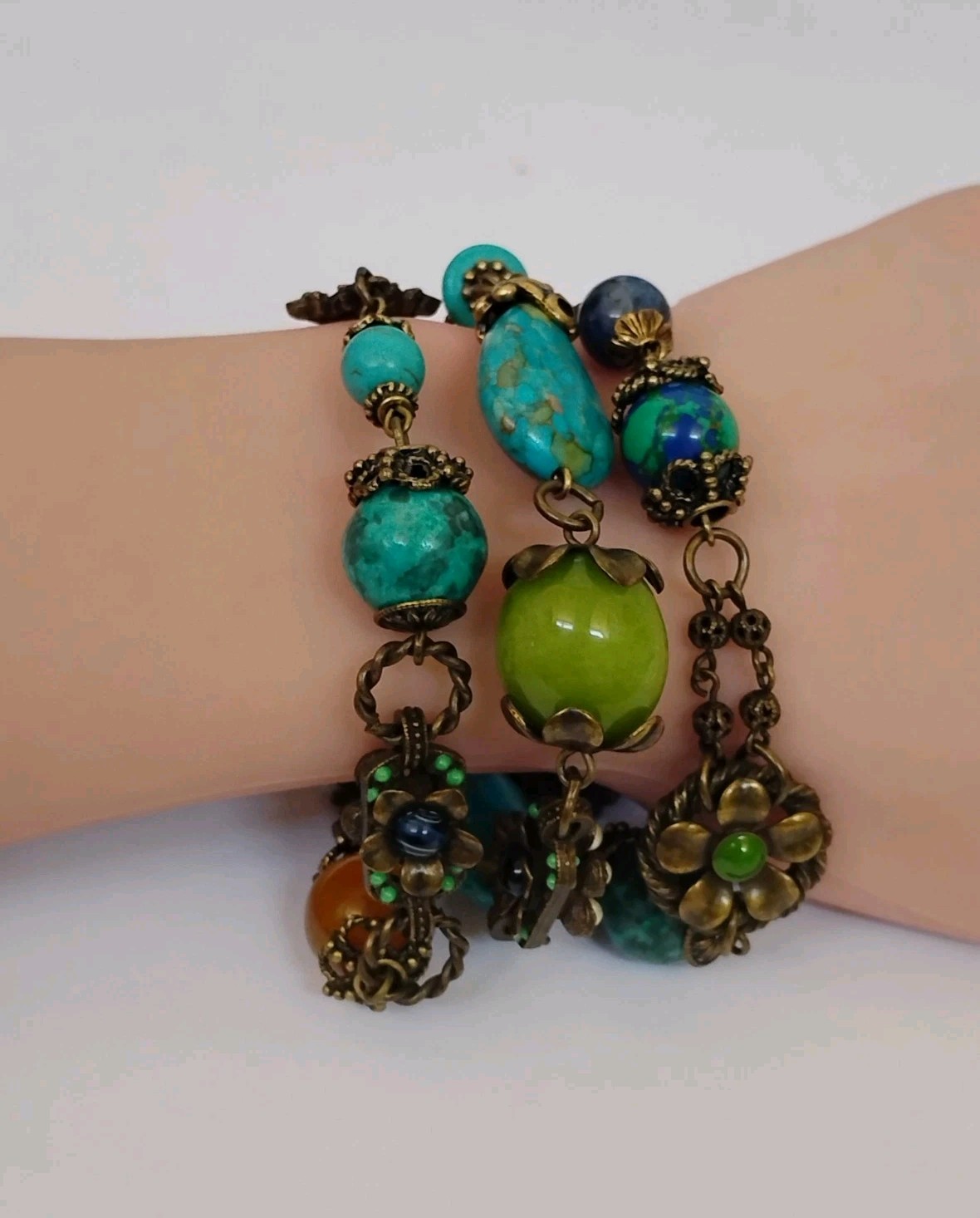 Sweet Romance USA Boho Multi Simulated Stone 3 Strand Floral Bracelet Pristine