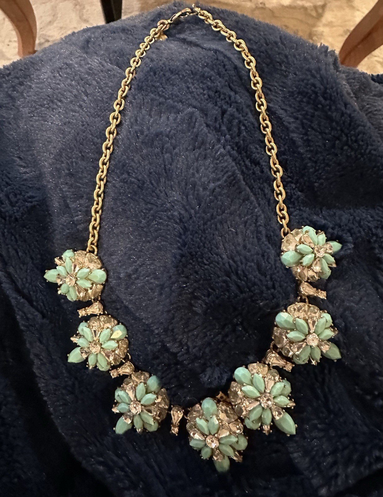 J.Crew Turquoise Floral Statement Necklace Gold Tone Rhinestone Bib Adjustable