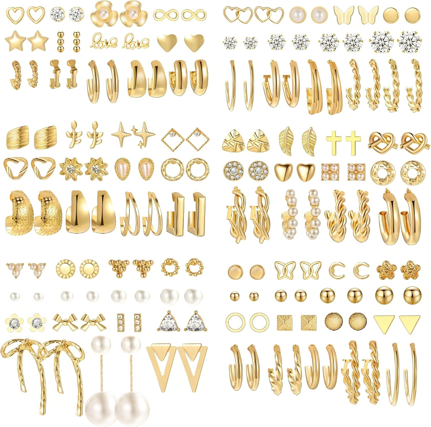 82 Pairs Gold Earrings for Women Trendy, Pearl Bow Small Hoop Stud Earrings Pack