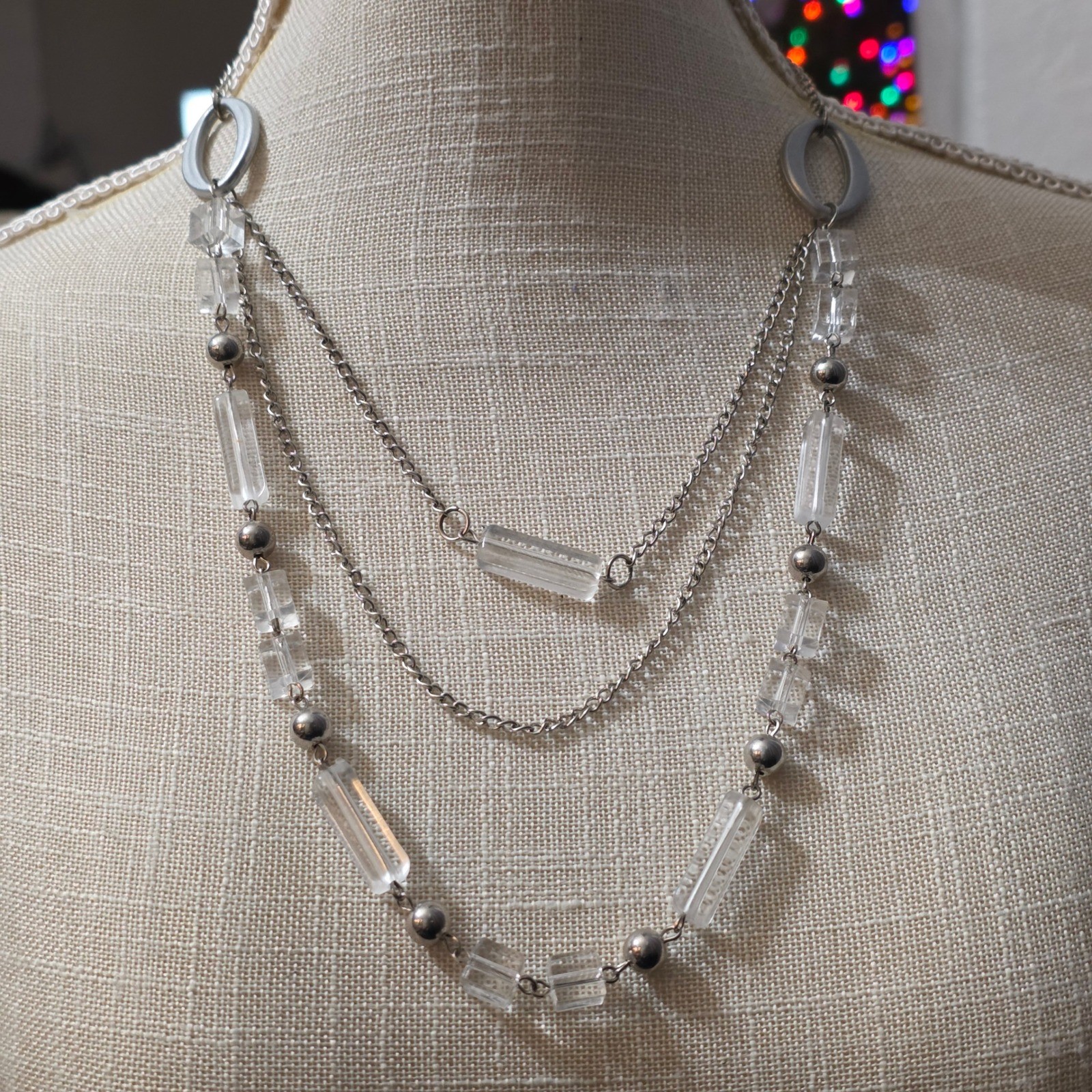 Layered Silver Tone Necklace Clear Faceted Beads Dangles