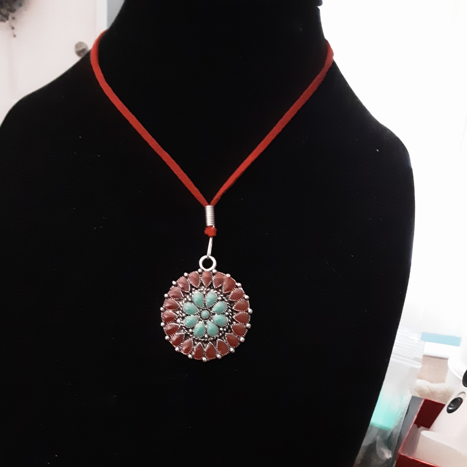Southwestern Faux Coral/Turquoise Medalion Pendant Necklace Red Leather Cord #51