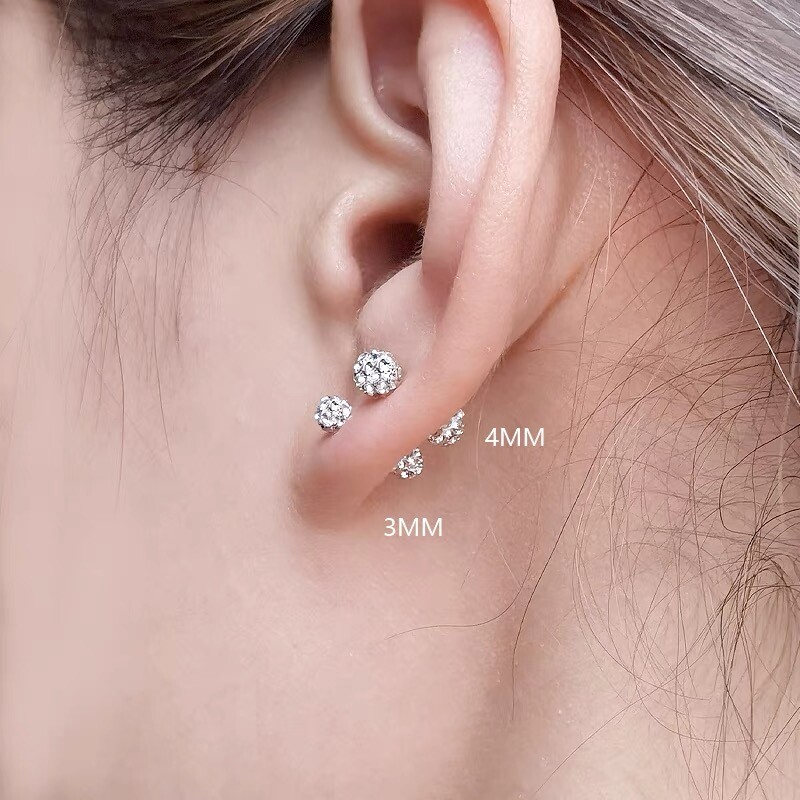 316L Surgical Steel Silver Round Ball CZ Crystal Screw Back Stud Earrings 3-6mm