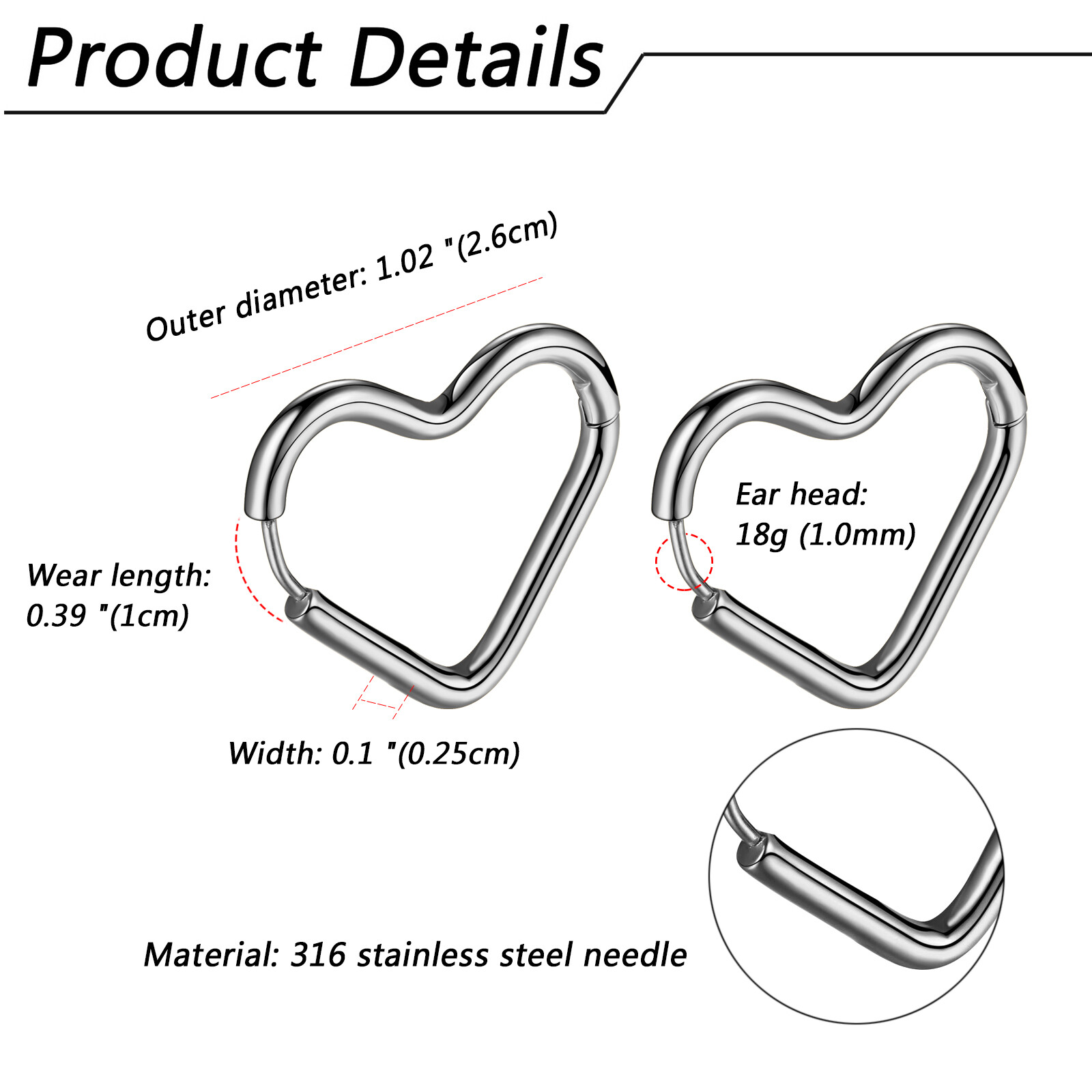 Women Glossy Heart Hoop Earrings Pierced Stud Stainless Steel Hypoallergenic 18G