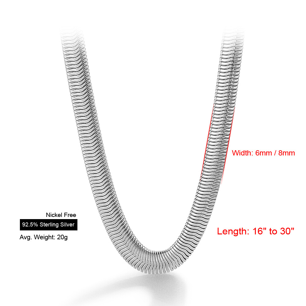 Premium 925 Sterling Silver 8mm Flat Soft Snake Chain Necklace for Men & Women