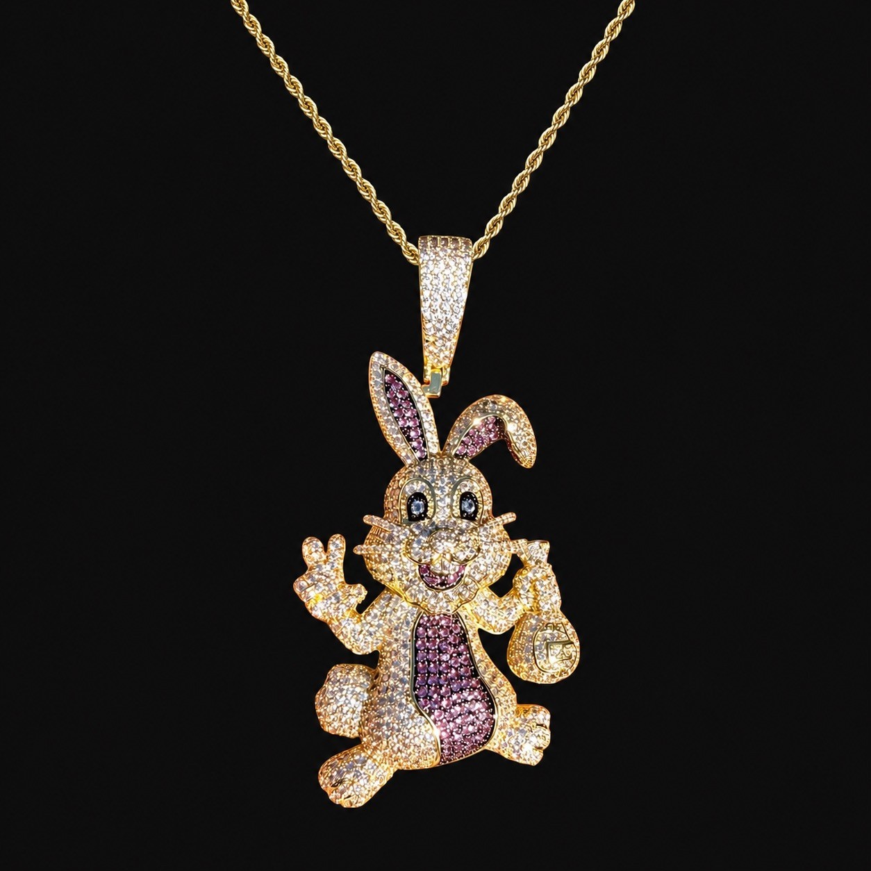 Iced Out Easter Bunny Pendant Purple CZ Gold Hip Hop Rabbit w/ Rope Chain
