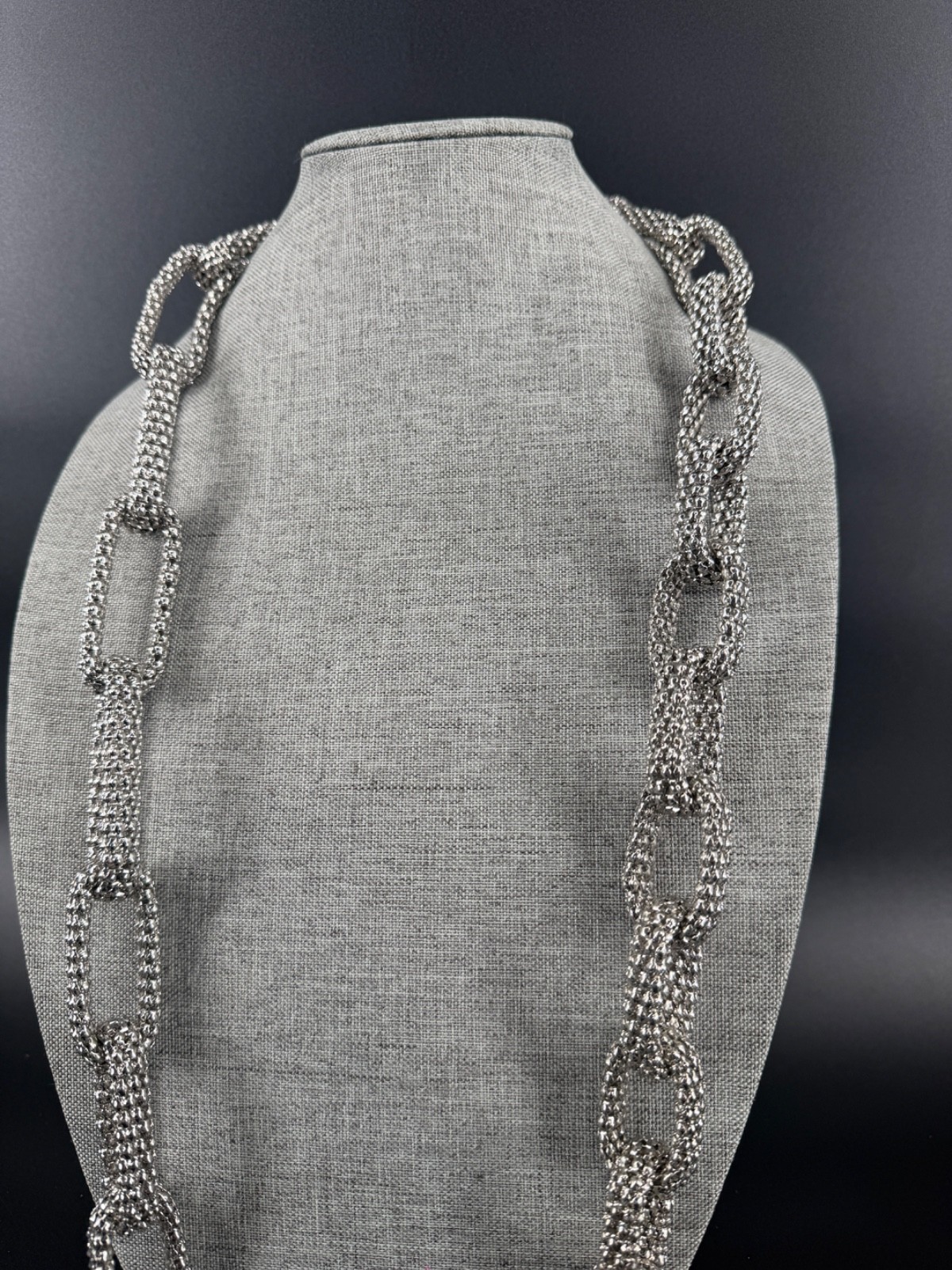 Silver Tone Mesh Chain Link Necklace Chunky Bold Statement 44″ 2010s
