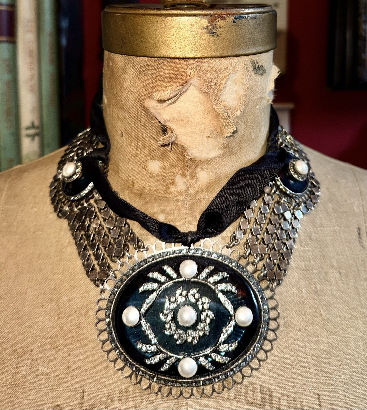 Vintage LANVIN PARIS FRANCE Victorian Art Deco Necklace, Silver Black, $2980