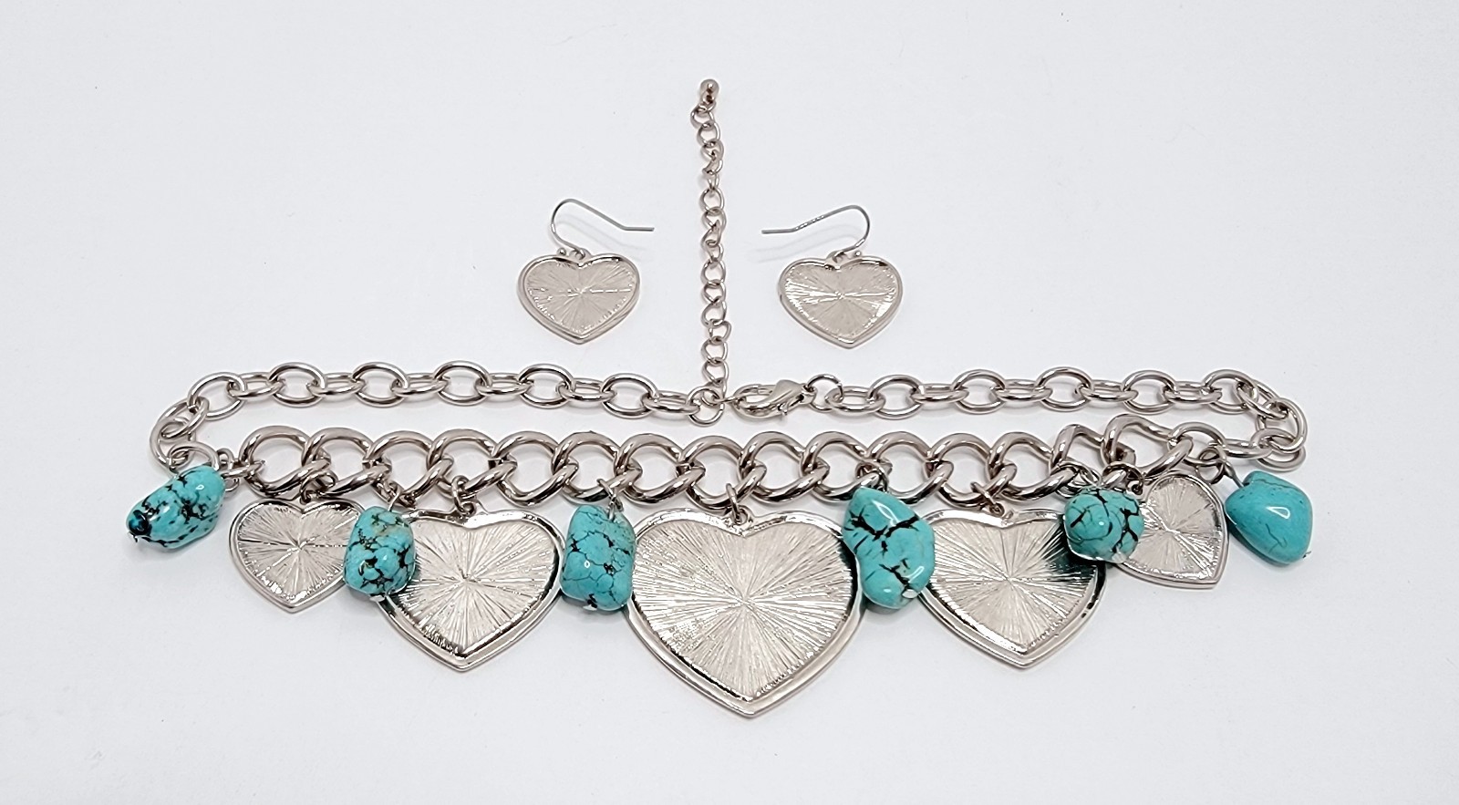 Ed Hardy Style Y2K Chunky Charm Necklace Earring Set Turquoise Heart Tattoo Art