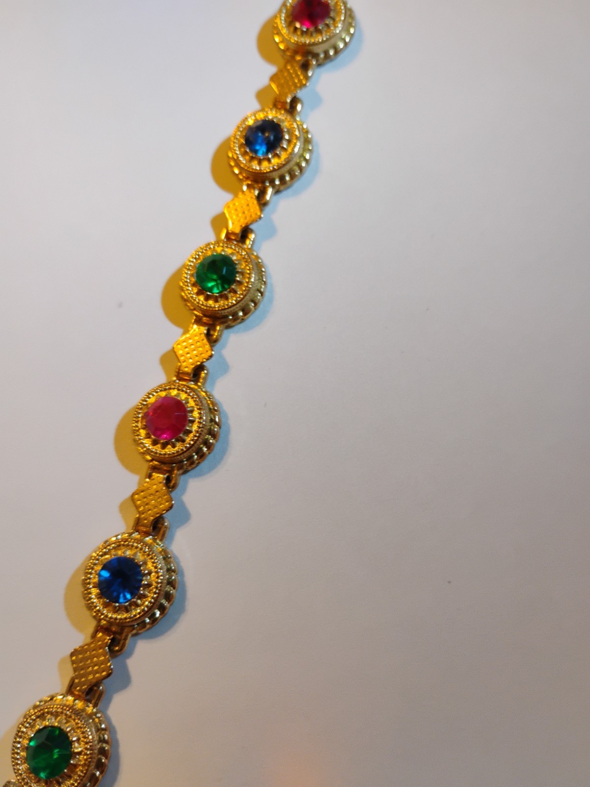 Goldtone Bracelet With blue Red Purple And Green Rhinestones 7″ 101L