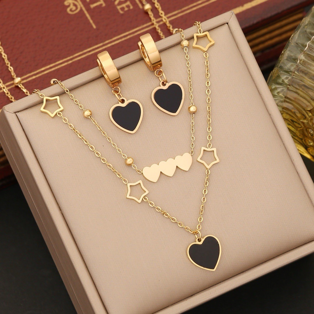 Gold Tone Black Heart Love Jewelry Set Necklace Bracelet & Earrings