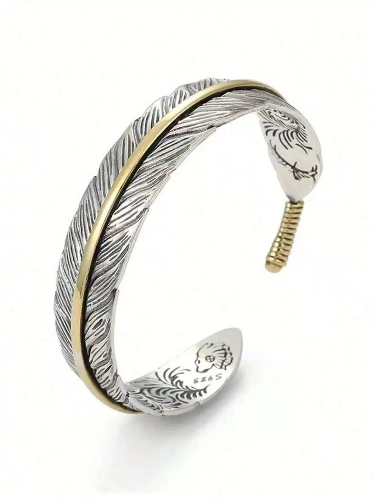 Pulsera De Manguito Abierta Estilo Vintage Para Hombre Brazalete Plumas De Plata
