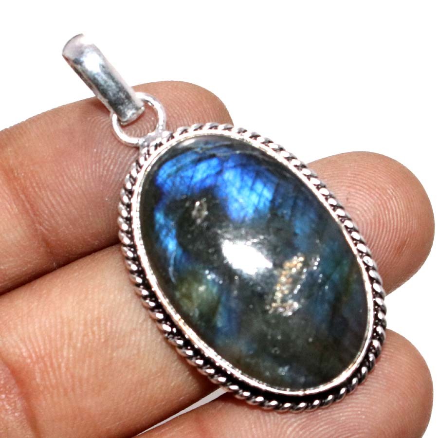 Fiery Labradorite 925 Silver Plated Pendant 1.6″ Good Luck Gift Trendy JW