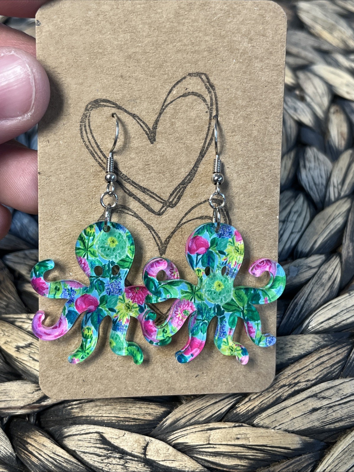 Green Floral Octopus Earrings NEW