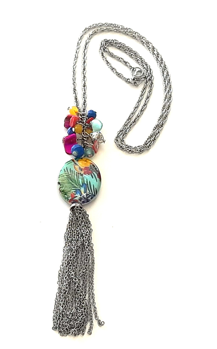 Stunning Silver Tone 34″ Chain + 6″ Colorful Teal Rose Blue Green Charm Tassle