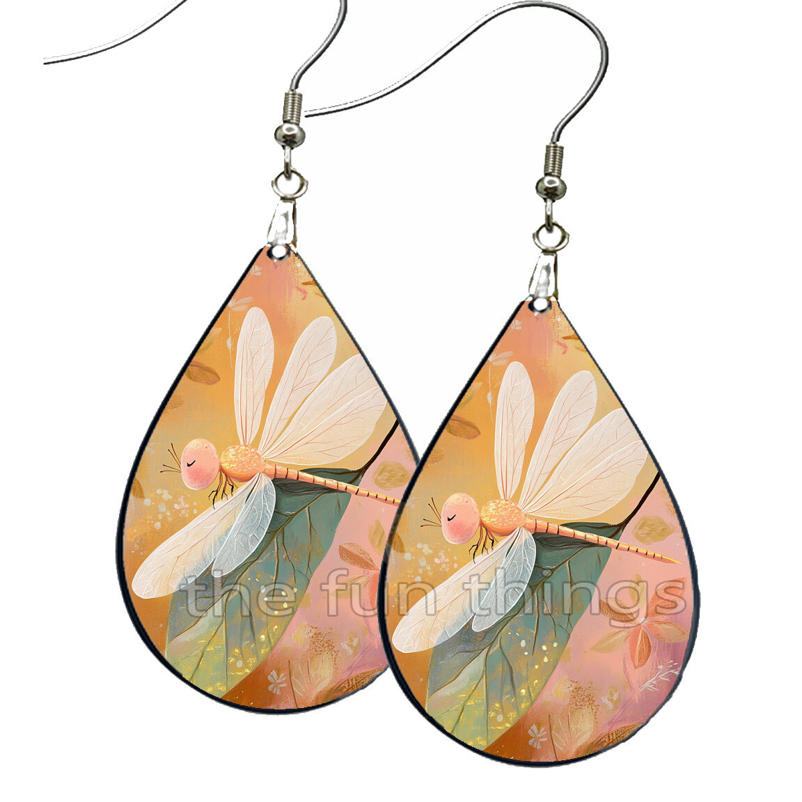 Whimsical Little Dragonfly Art Print Earrings Teardrop NO TARNISH Wood Dangle