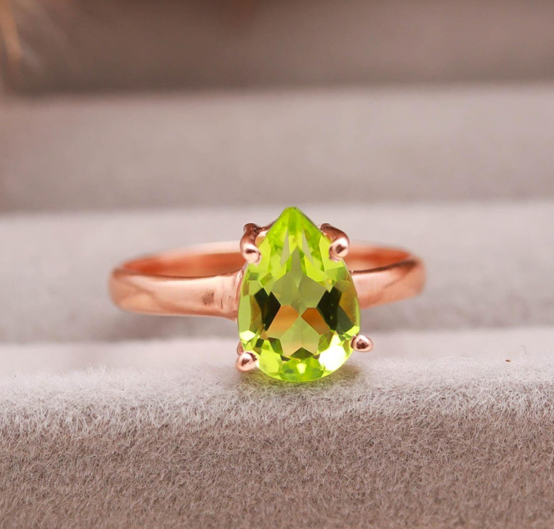 Natural Peridot Pear Ring Rose Gold Plated Solid Silver Jewelry Christmas Gift