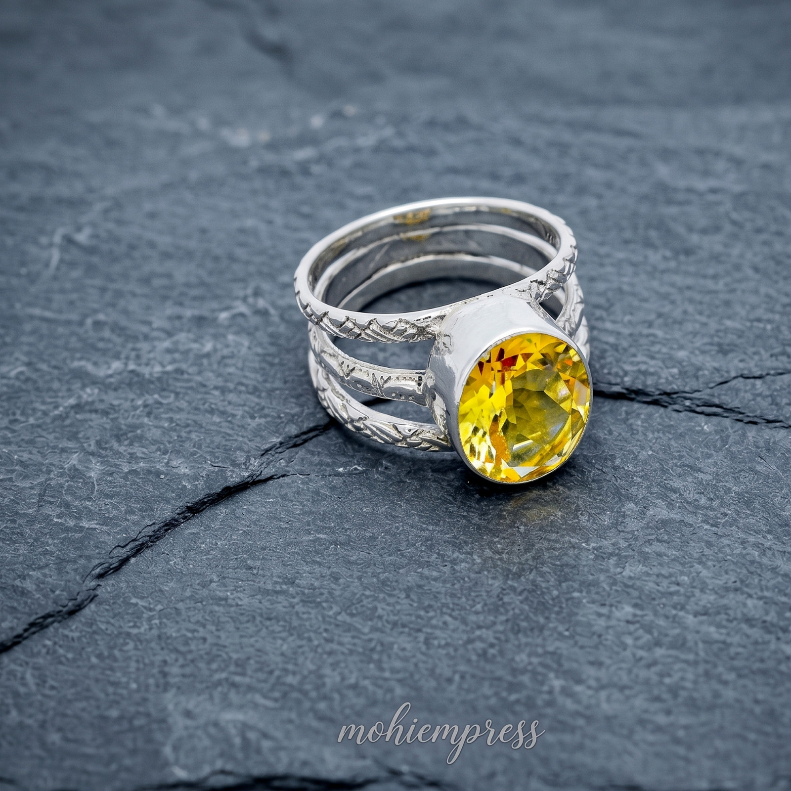 925 Sterling Silver Natural Citrine Three-Band Textured Ring