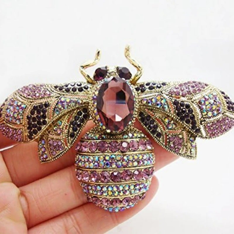 Vintage Style Bee Insect Golden Brooch Pin Pendant Pink Crystal