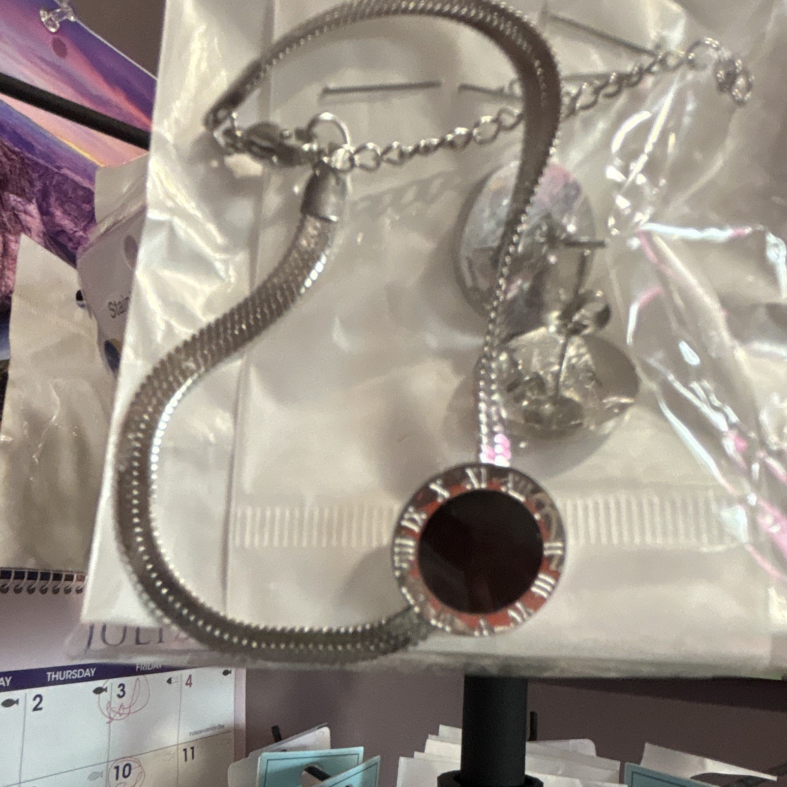 Stainless Steel Snake Chain Necklace w/ Black Round Charm Pendant