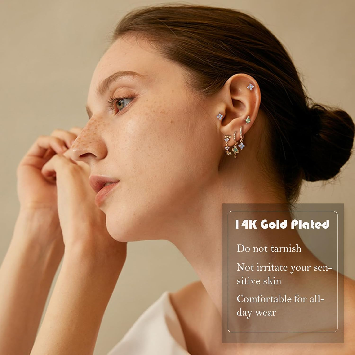 Gold Stud Earring Sets for Multiple Piercing Dainty Flower Leaf CZ Dangle Earrin