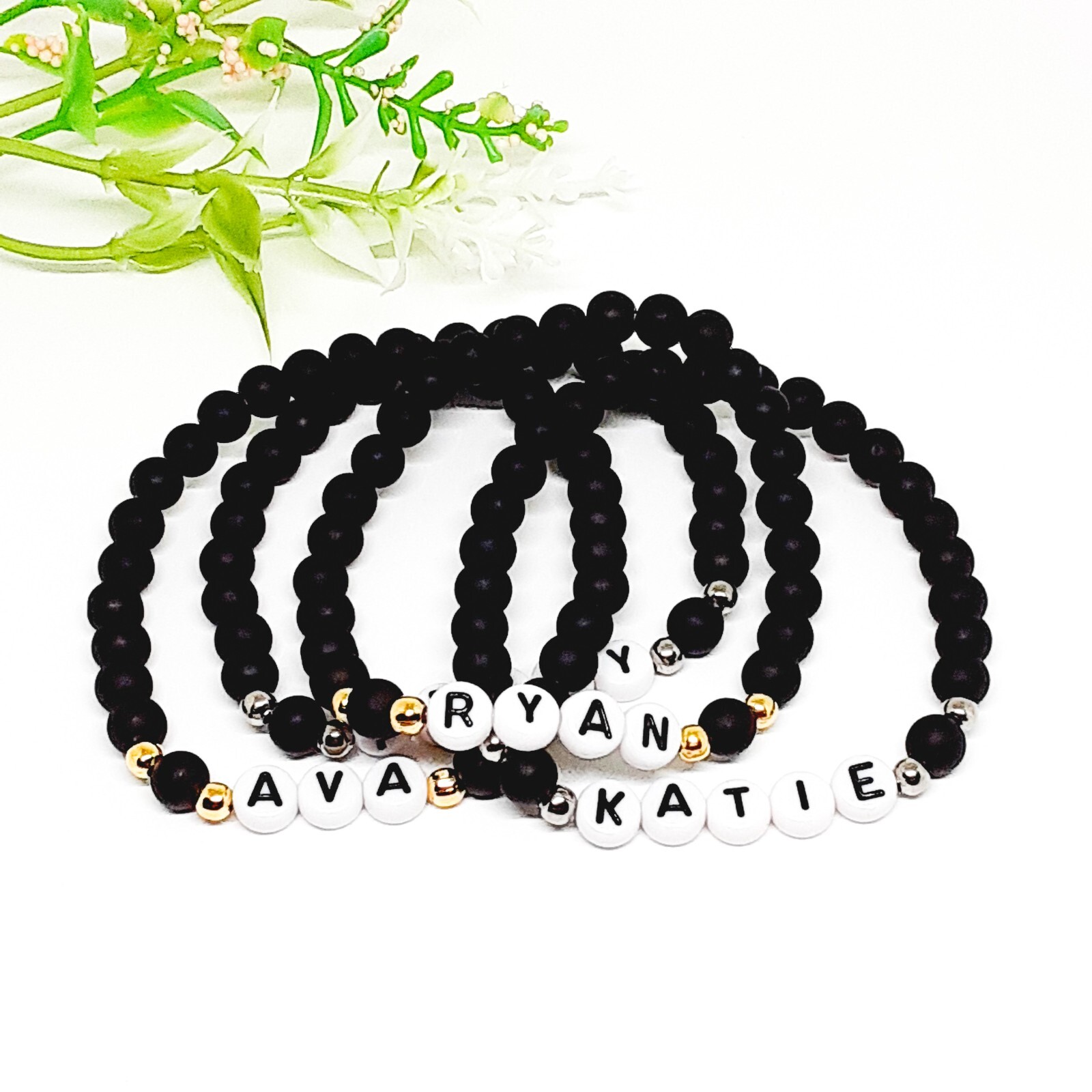 Matte Black Personalized Custom Name or Word Beaded Stretch Bracelet. Unisex
