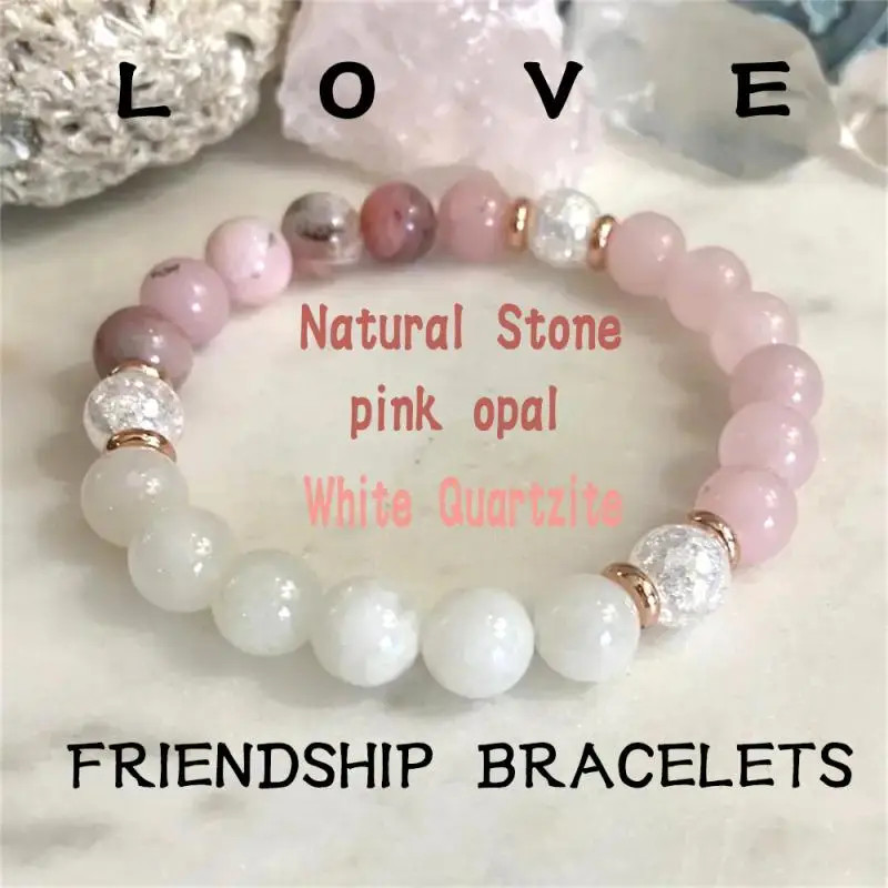 Summer Versatile White Quartzite Pink Opal Love Beaded Couple Matching Bracelet