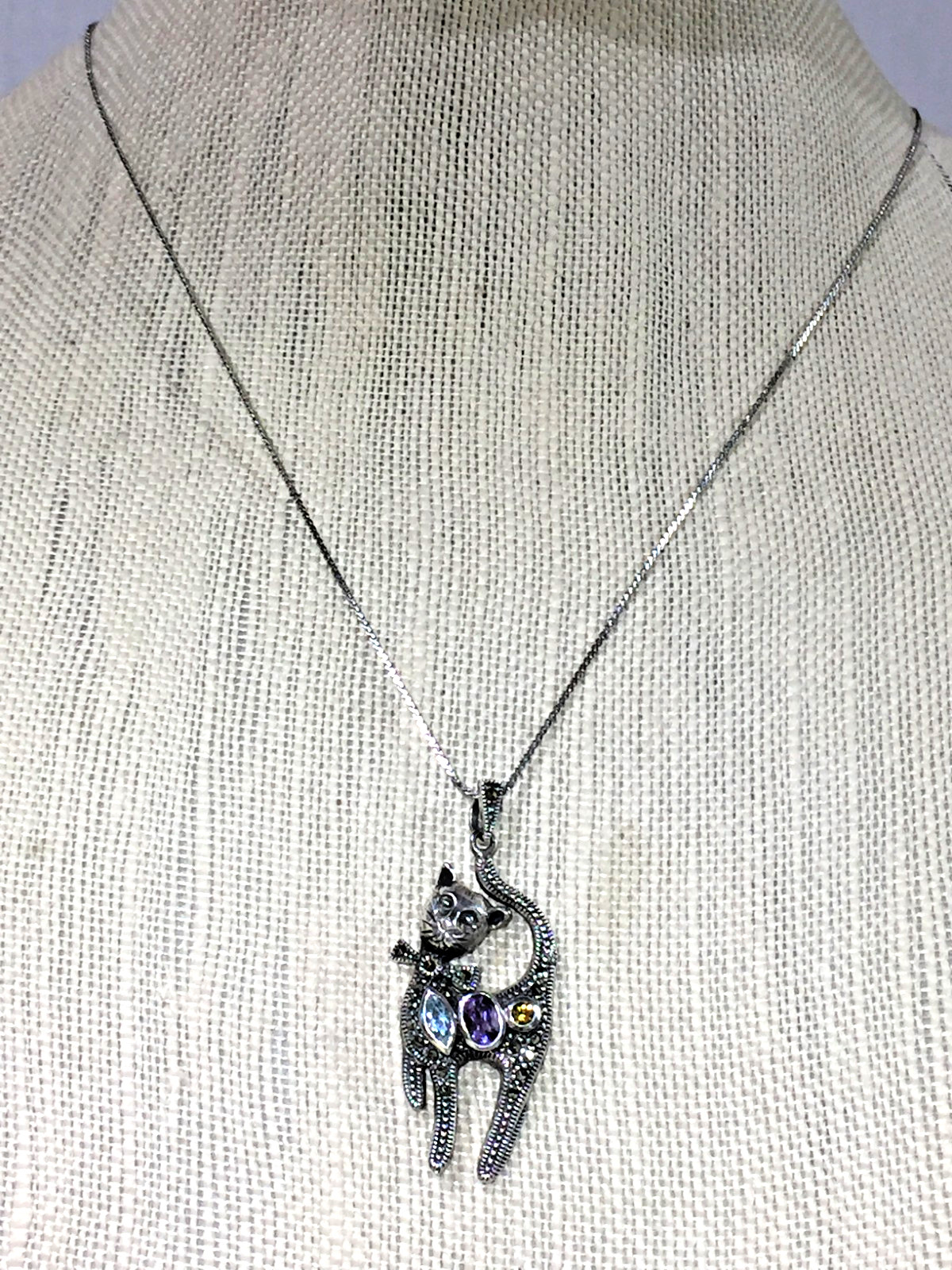 Beautiful Vintage Sterling Silver Marcasite 3 Gem Cat Pendant and G.T. Necklace!