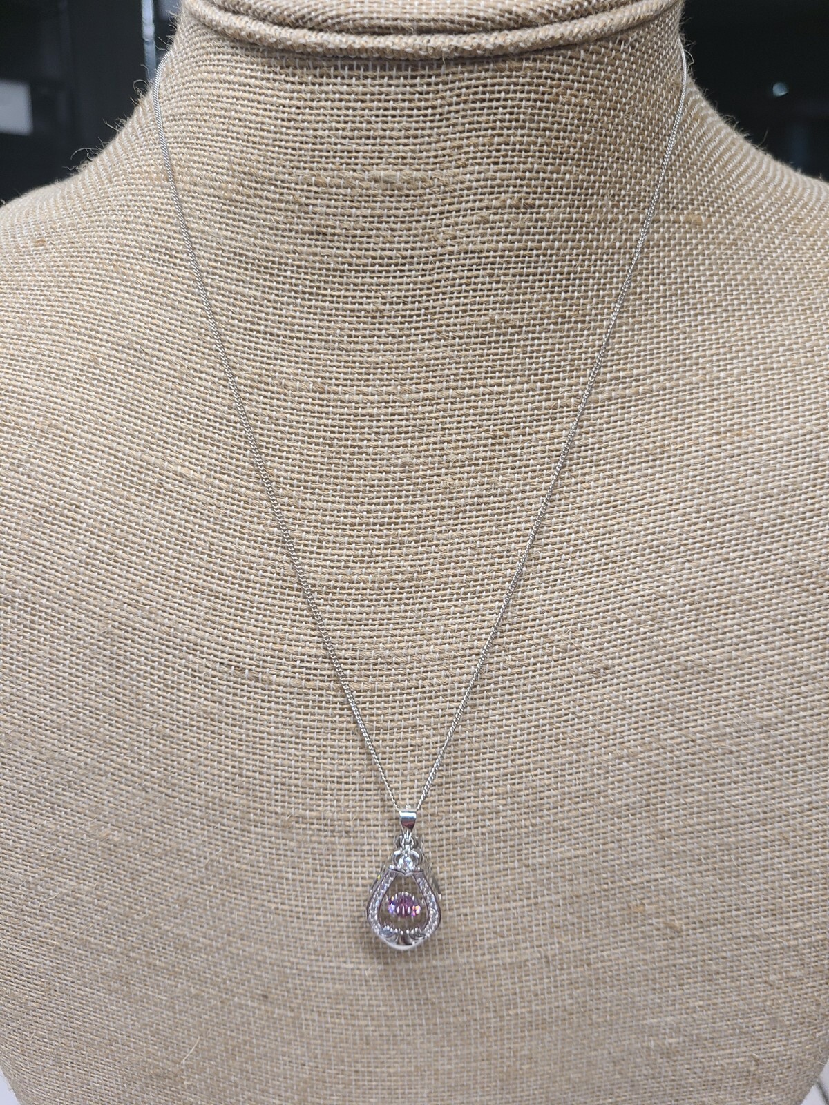 925 White Moissanite & Pink CZ Pendant & Chain 20″