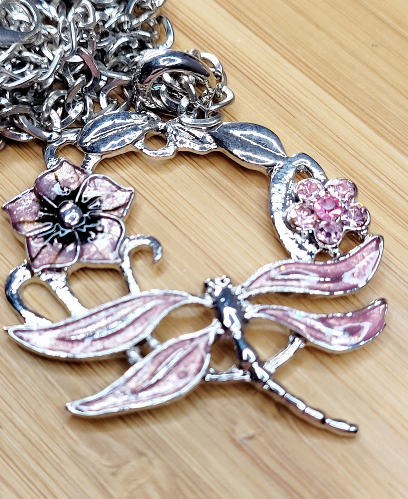 PINK DRAGONFLY & Flowers Pendant Vintage NECKLACE with Gift Bag BRAND NEW