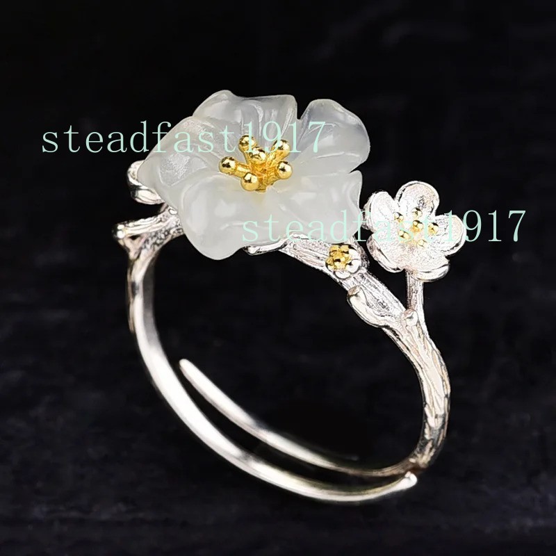 Carved White Nephrite Jade Floral Ring Silver Gold Stamen Cherry Blossom