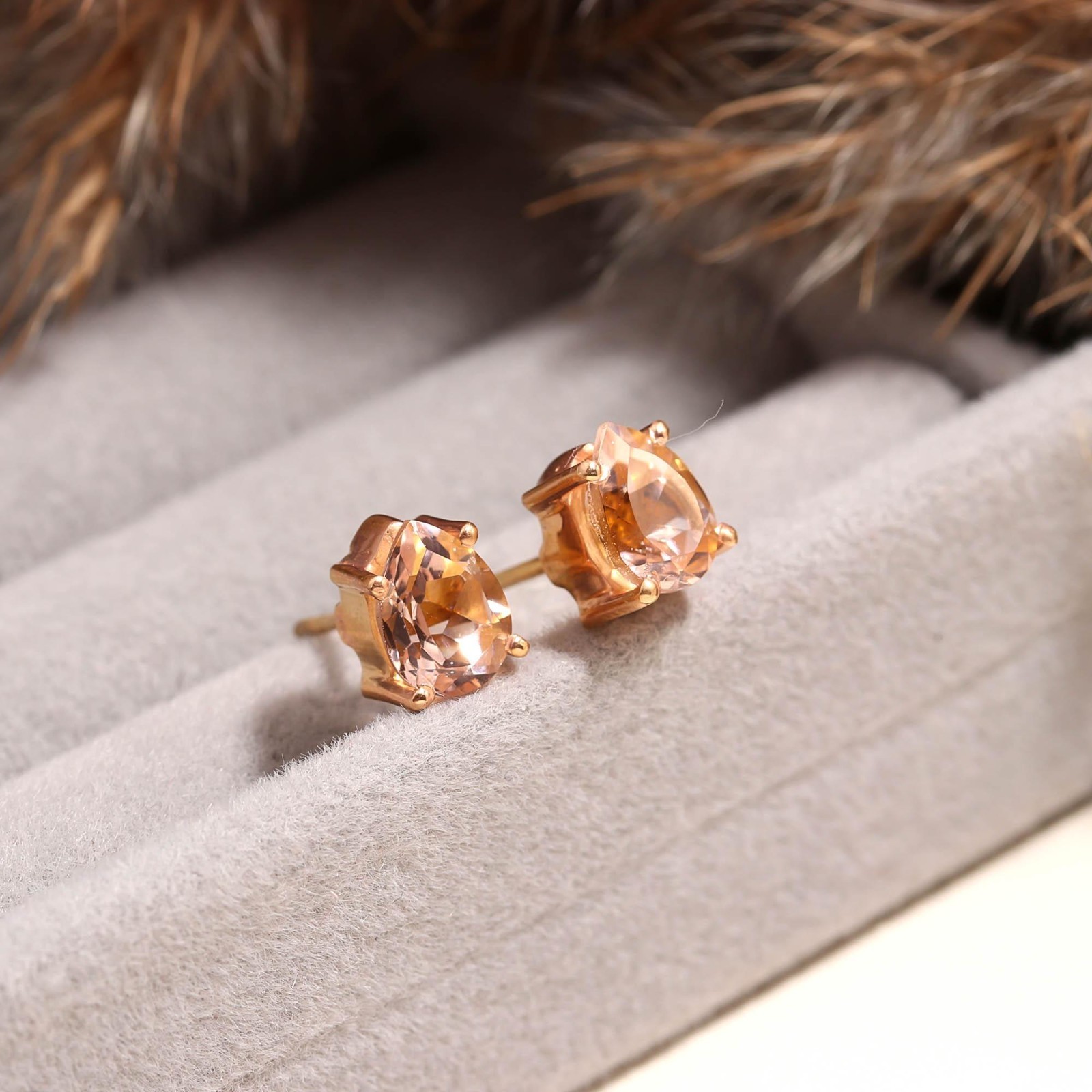 Natural Morganite Pear Stud Earrings Rose Gold Fill 925 Sterling Silver Jewelry