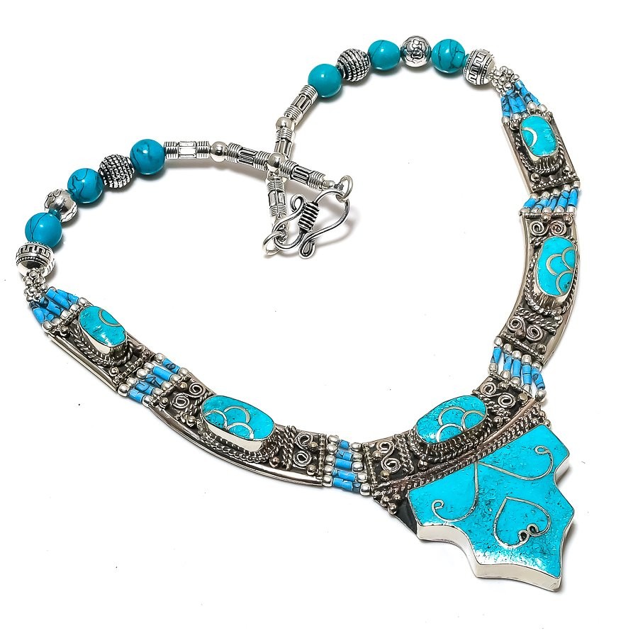 Turquoise Gemstone Tibetan Necklace Handmade Unique Gift Nepali Jewelry 18″ N125