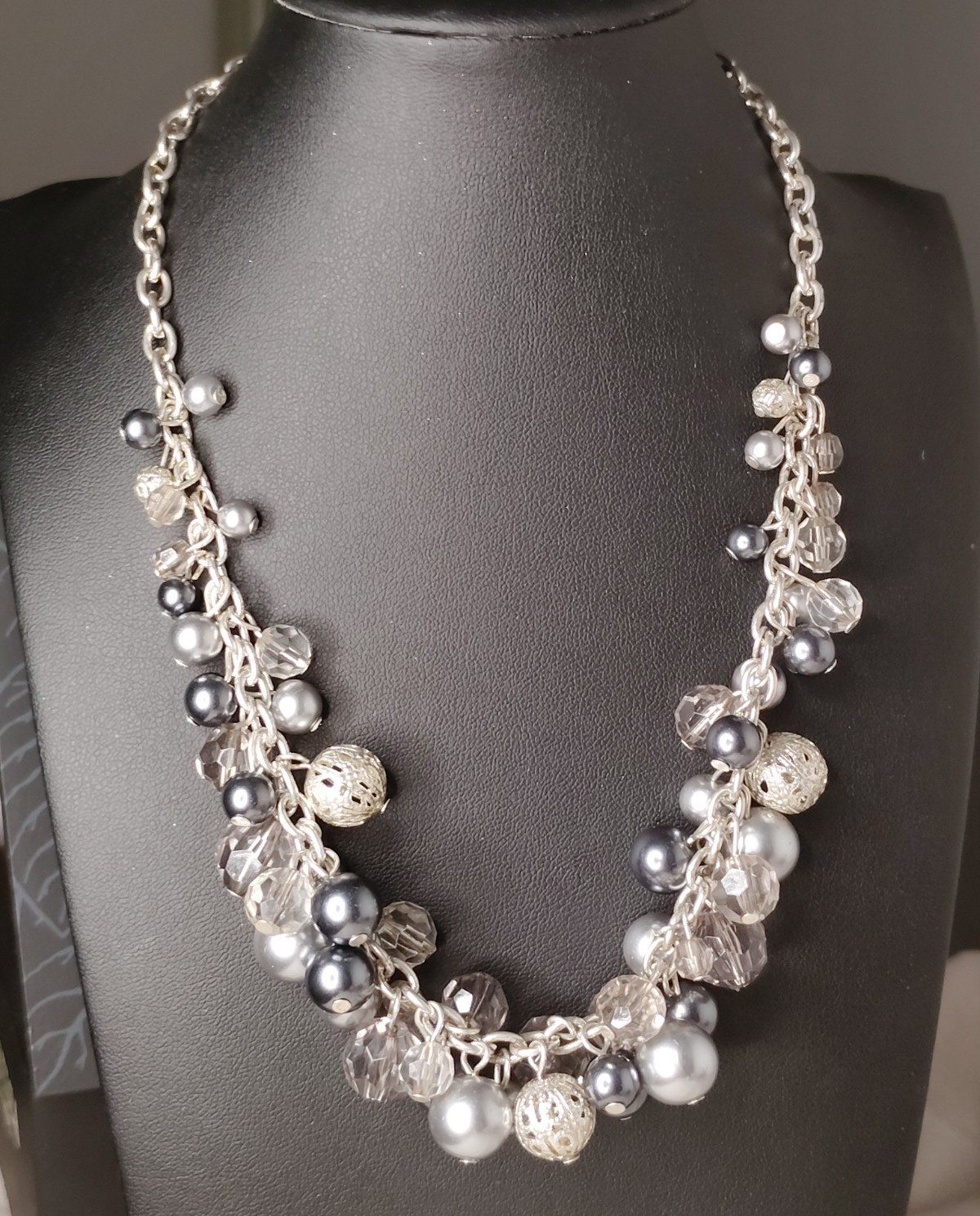 Charming Charlie Silver Tone Faux Pearl Crystal Statement Charm Necklace