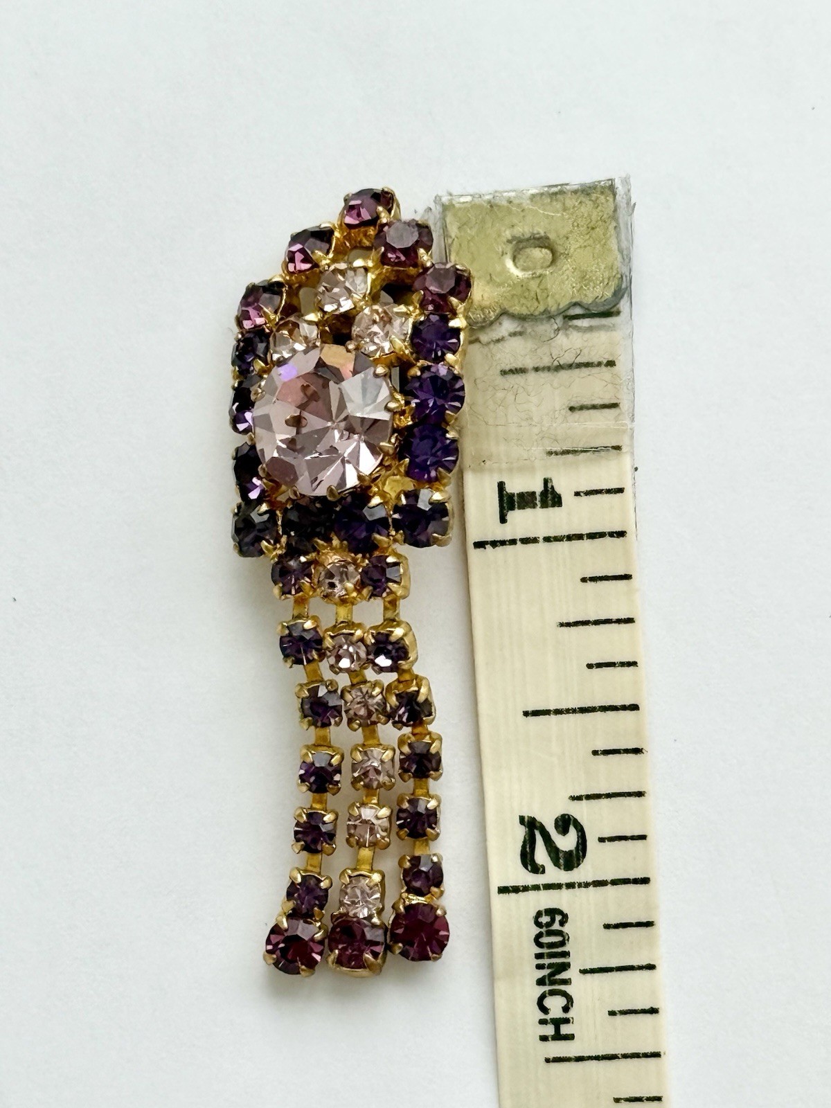 Vintage Austrian Crystal Rhinestone Gold Tone Pink Purple Clip-On Dangle 2in