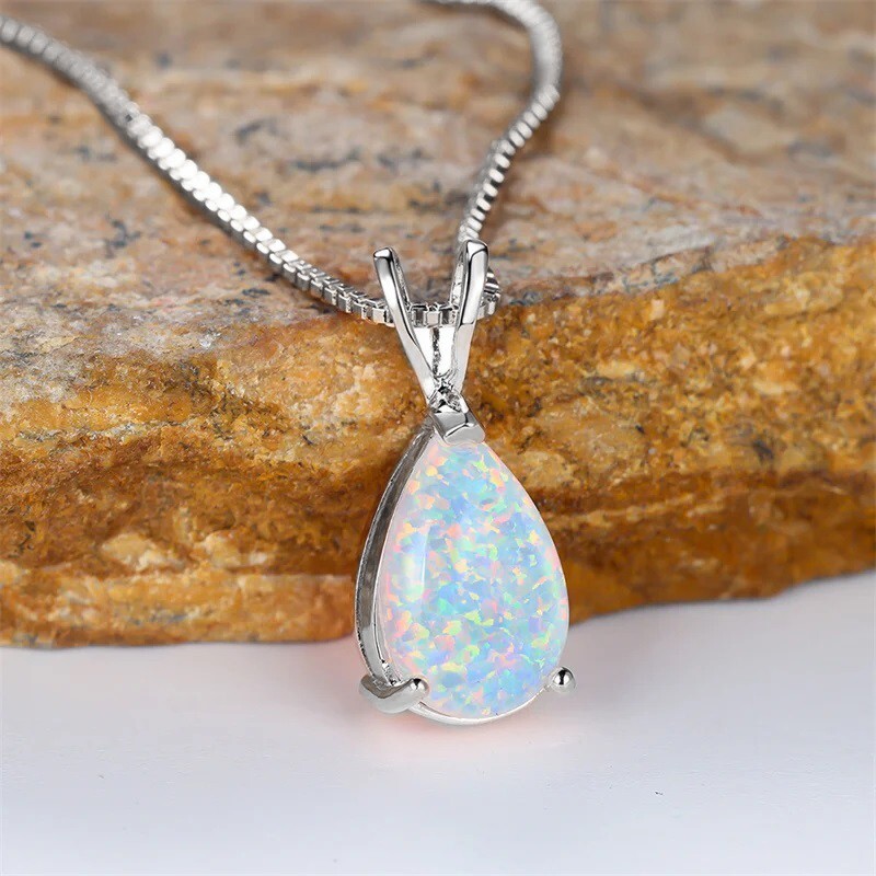 White Opal Stone Pendant Minimalist Droplet Fire Opal Necklace Sterling Silver