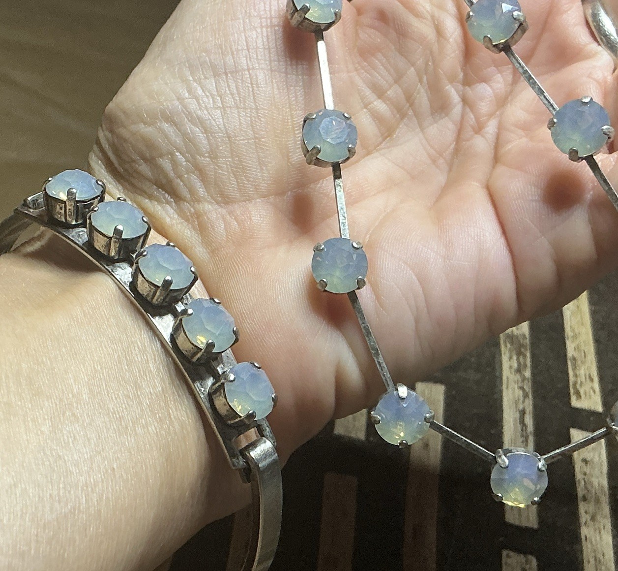 Vintage RMD Opal Glass Cabochon Necklace & Hinged Bracelet Silver Tone Set