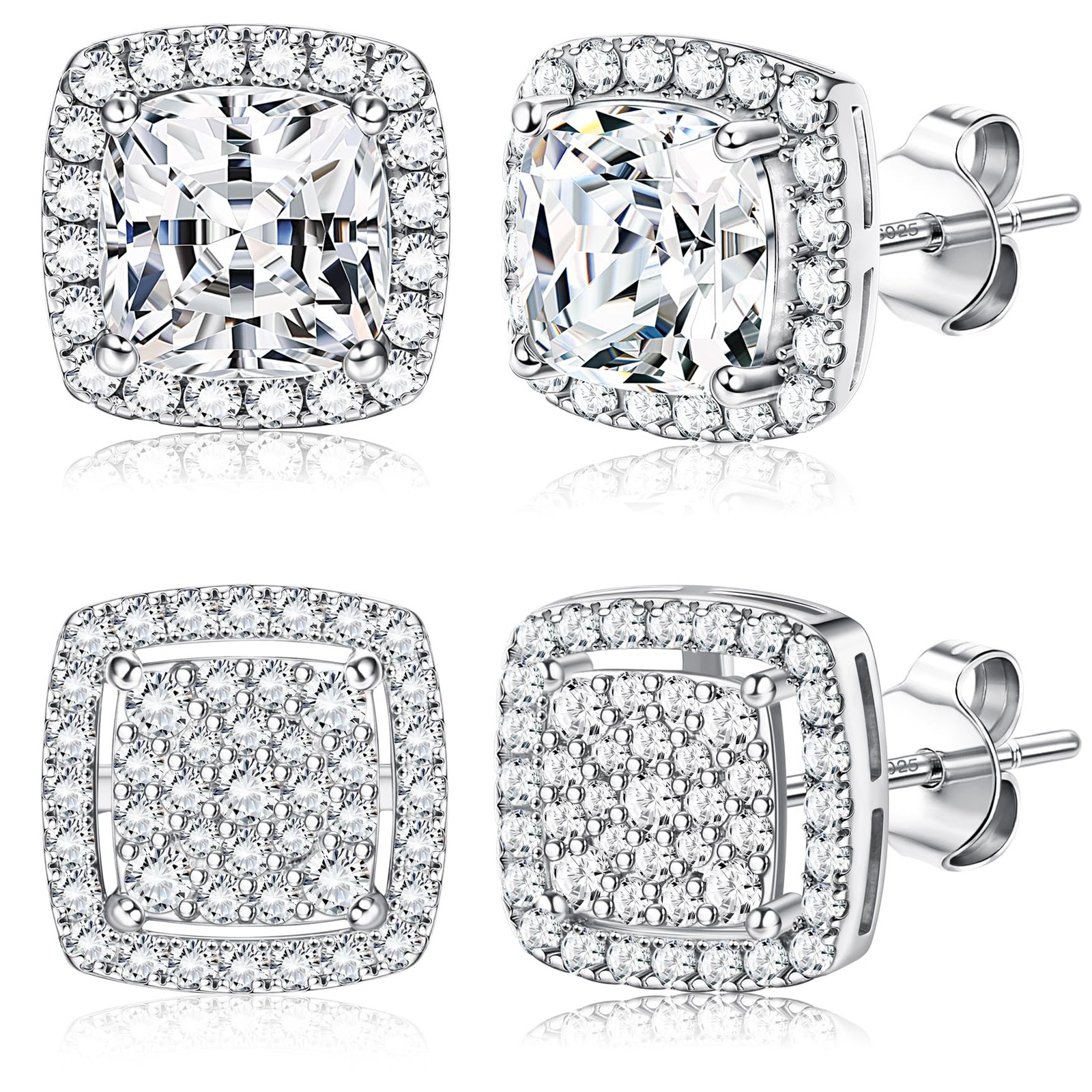 Dochais Cubic Zirconia Stud Earrings for Men Women, 14K 8mm, 10mm, Silver