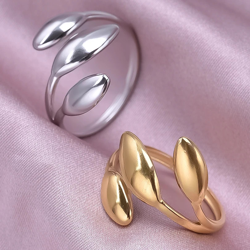 2PCS Stainless Steel Ring Leaf Water Droplet Adjustable Gold Plated Jewelry