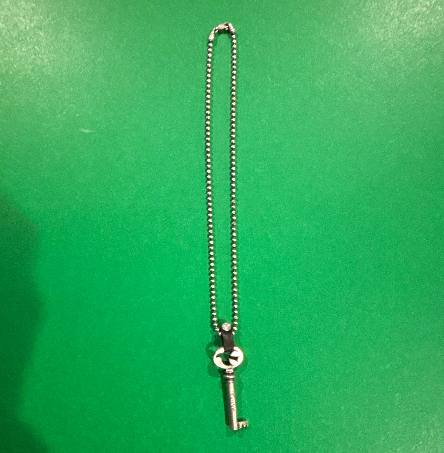 Key Pendant Necklace Silver Tone Black Leather Ball/Bead Chain Rhinestone