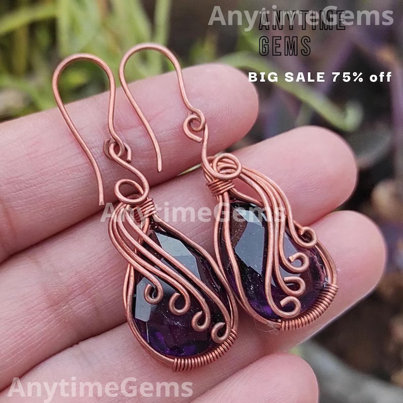 Wire Wrapped Amethyst Glass Earrings: Handmade Wire Wrapping Gemstone Earrings