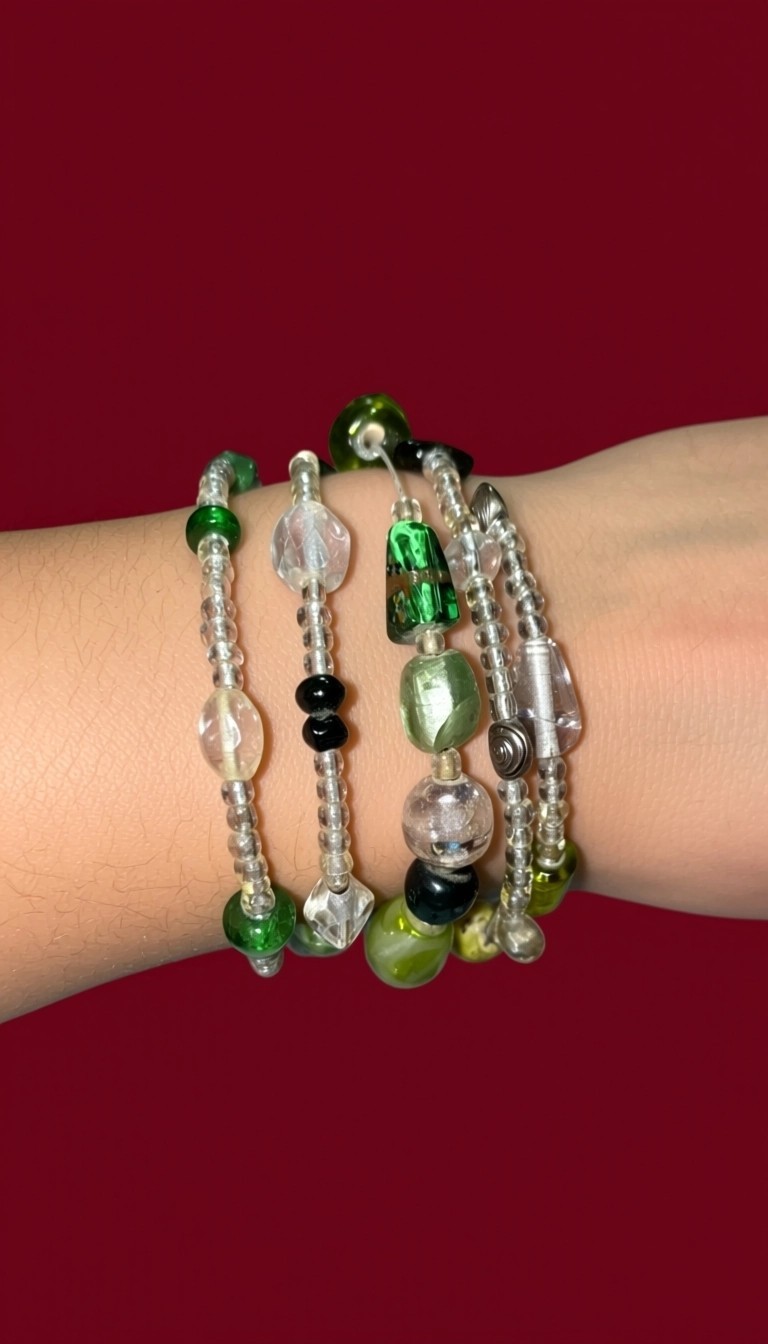 2 Memory Wire Green & Multi Color Peacock Beads Layered Bracelet Fits All Wrists