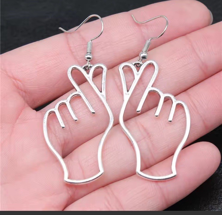 Finger Heart Gesture Design Dangle Earring Minimalist Alloy Jewelry Silver Tone