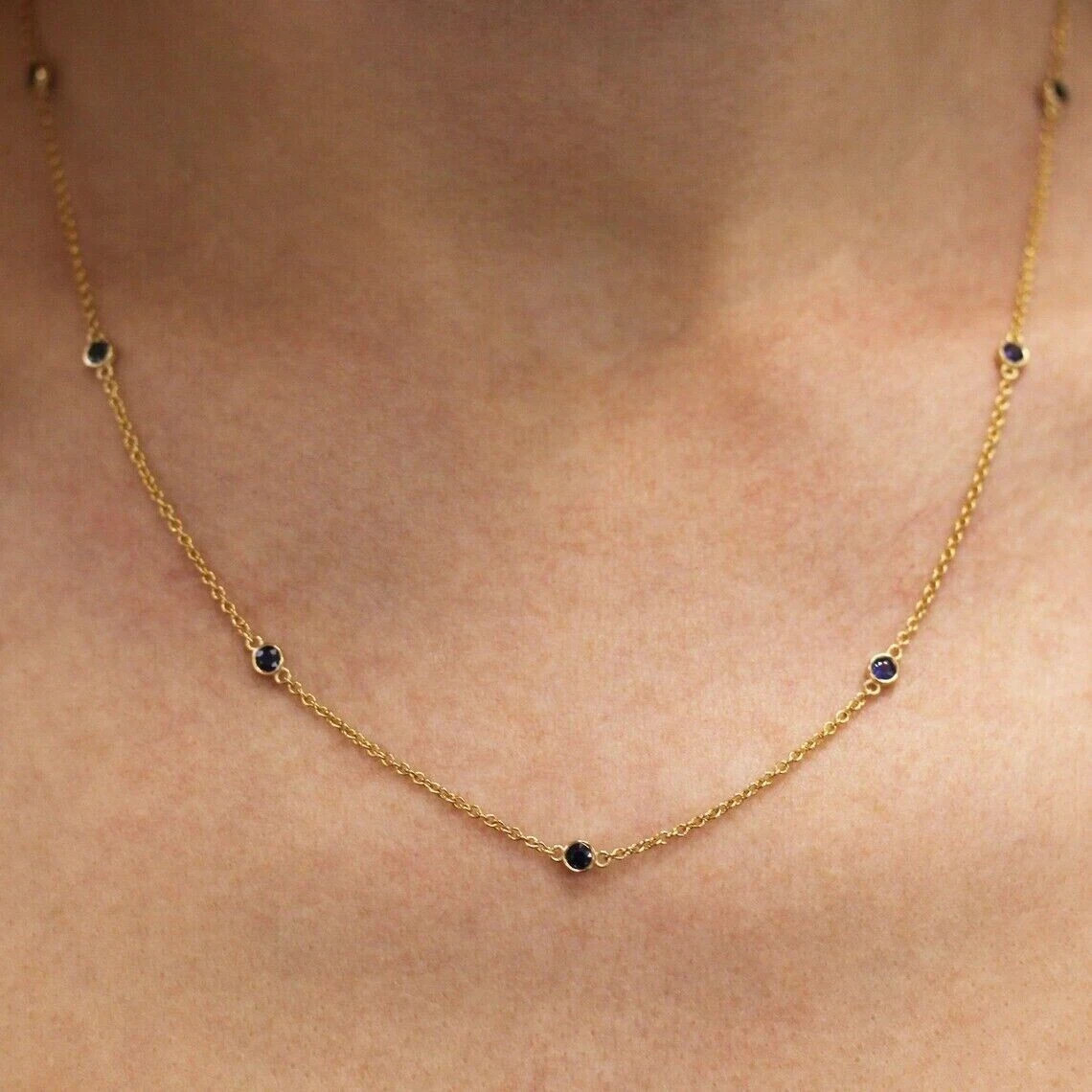 2CT Round Blue Sapphire Bezel Set Station Necklace in 14k Yellow Gold Plated