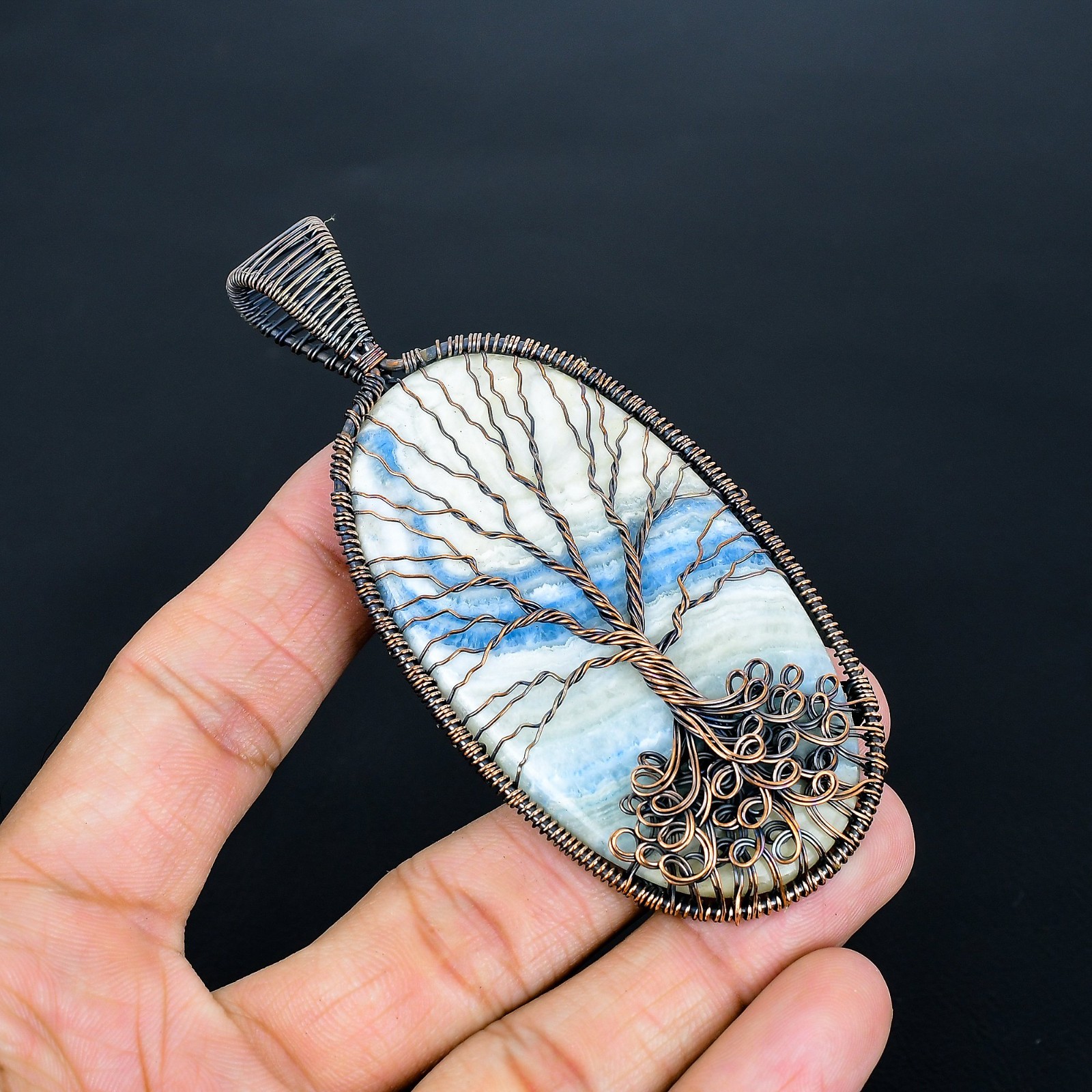 Blue Scheelite Handmade Gemstones Copper Wire Wrap Tree Of Life Pendant Jewelry